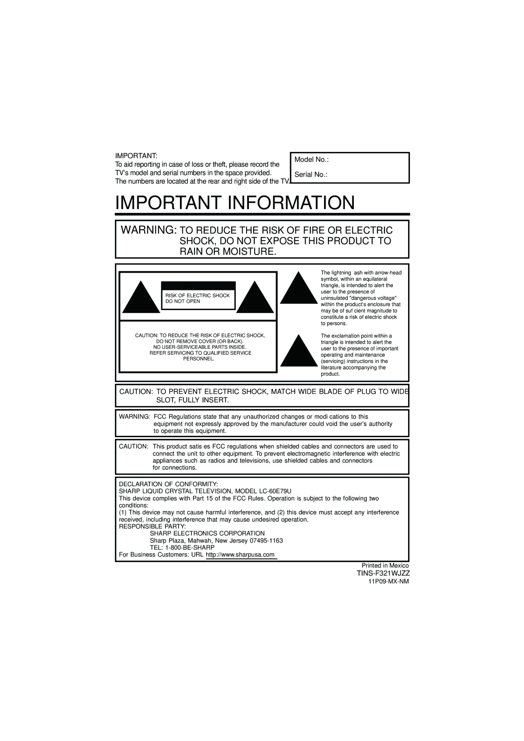 Sharp LC-60E79U operation manual For connections, Declaration of Conformity, 11P09-MX-NM 