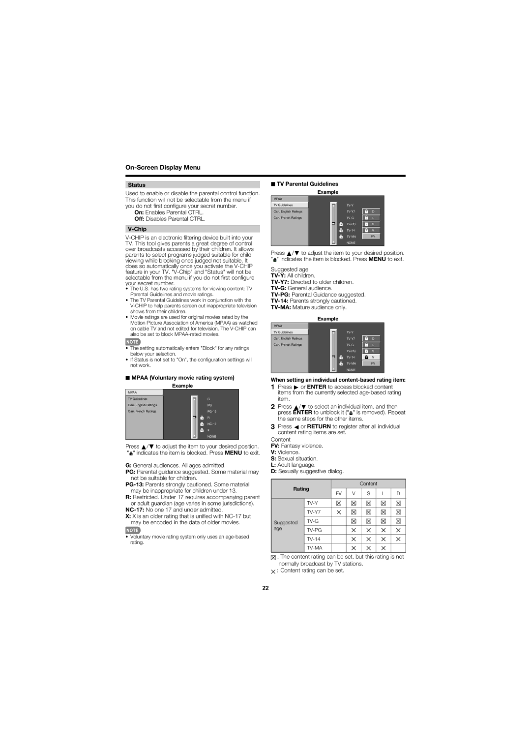 Sharp LC-60E79U On-Screen Display Menu Status, Chip, Mpaa Voluntary movie rating system, TV Parental Guidelines 