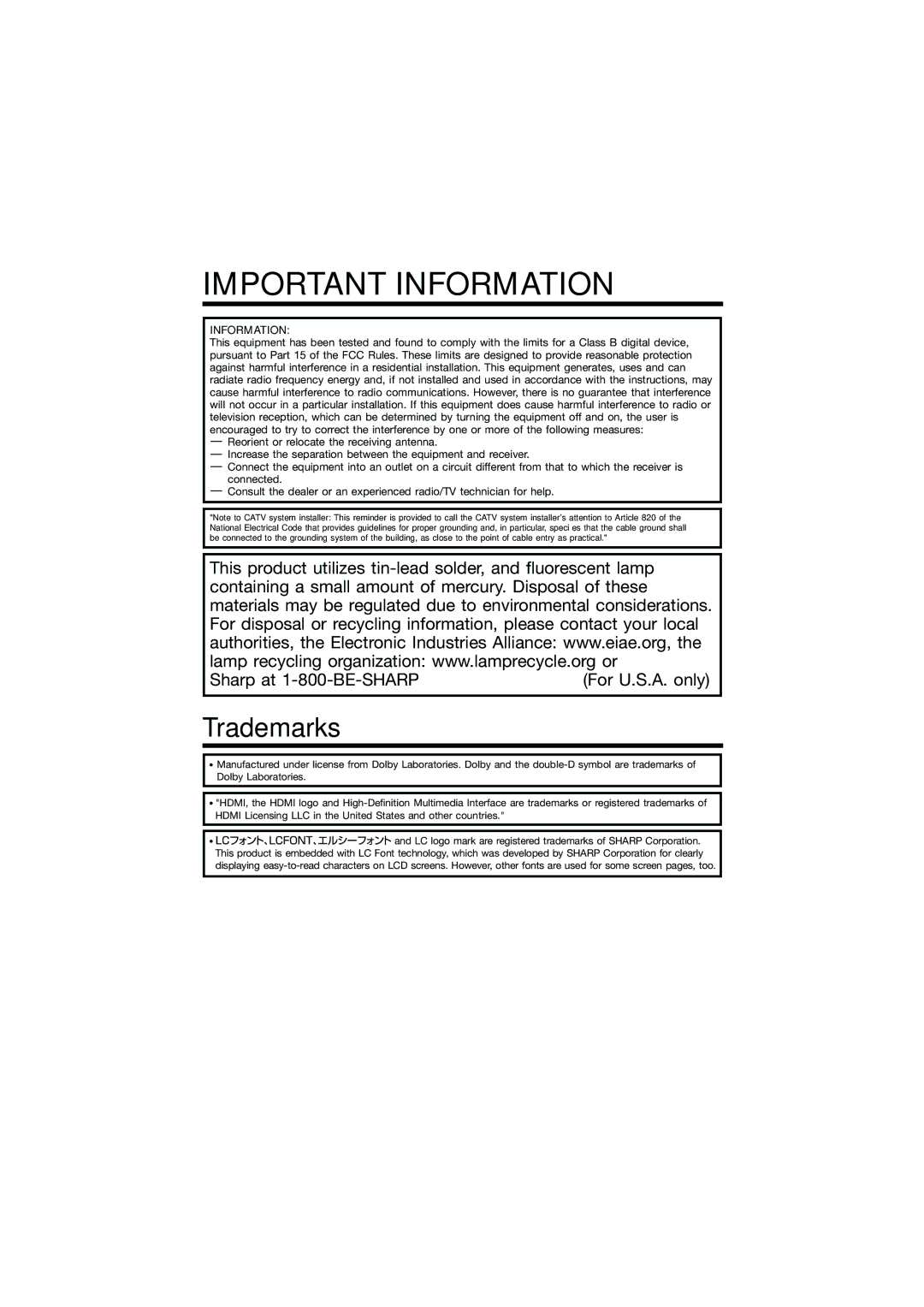 Sharp LC-60E79U operation manual Important Information 