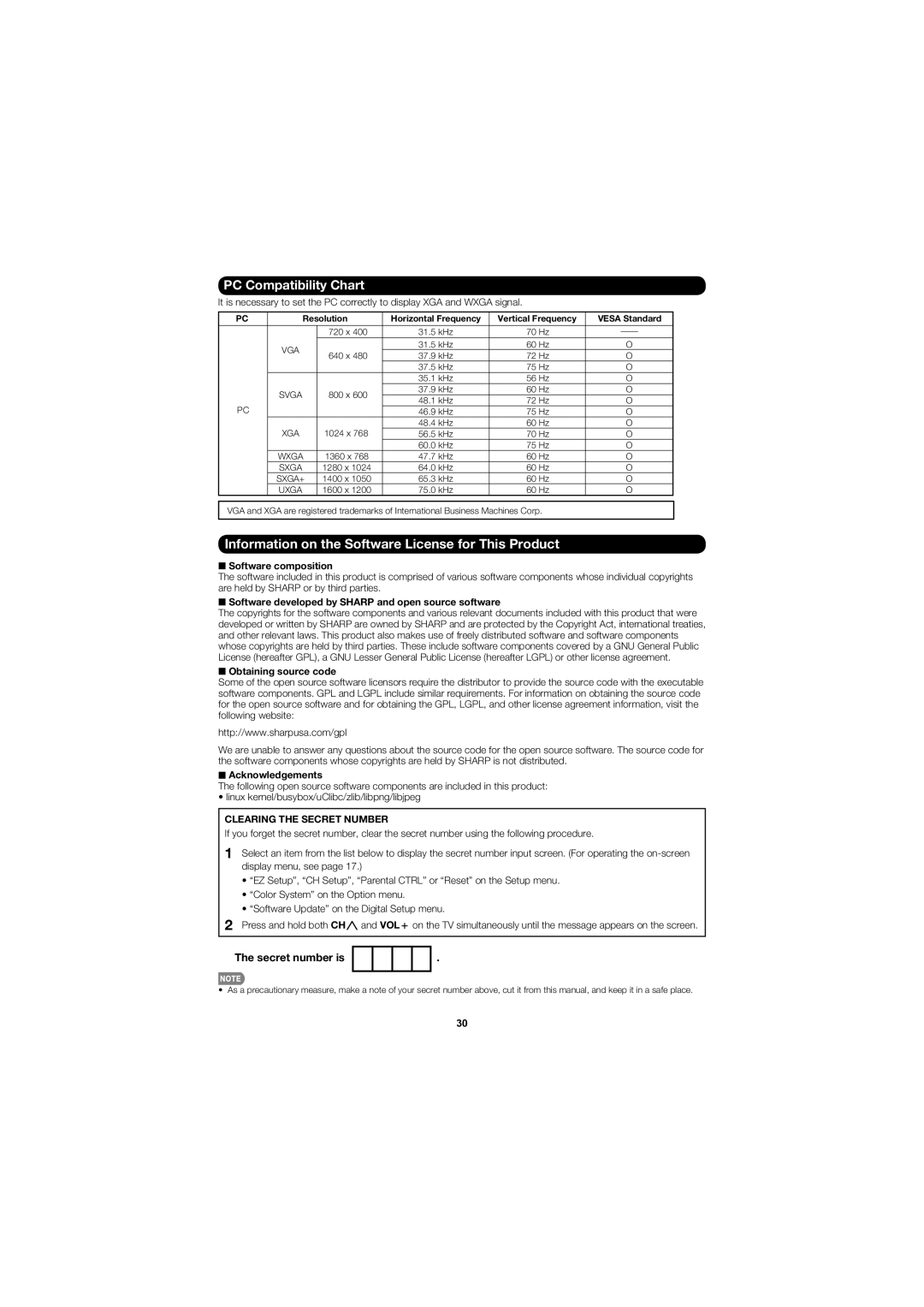 Sharp LC-60E79U PC Compatibility Chart, Information on the Software License for This Product, Clearing the Secret Number 