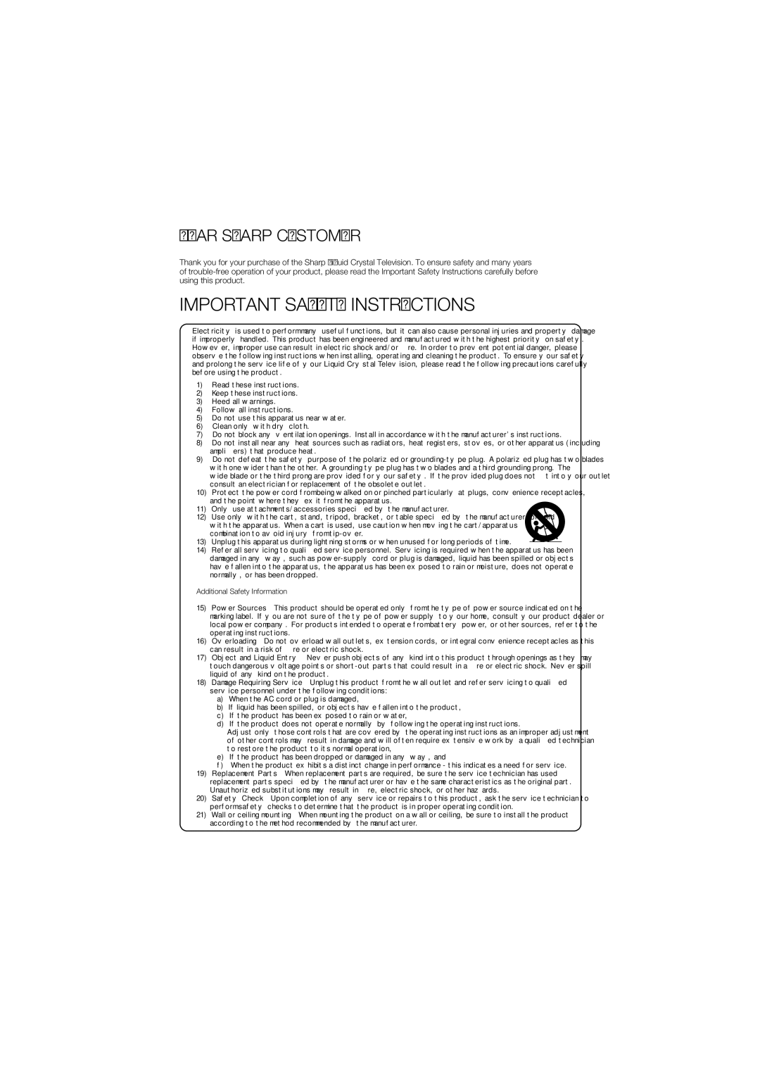 Sharp LC-60E79U operation manual Dear Sharp Customer, Additional Safety Information 