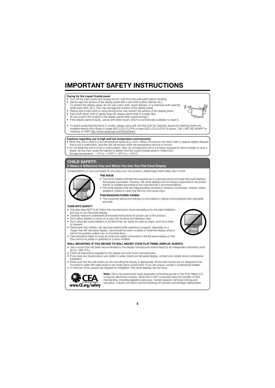 Sharp LC-60E79U operation manual Child Safety, Caring for the Liquid Crystal panel 