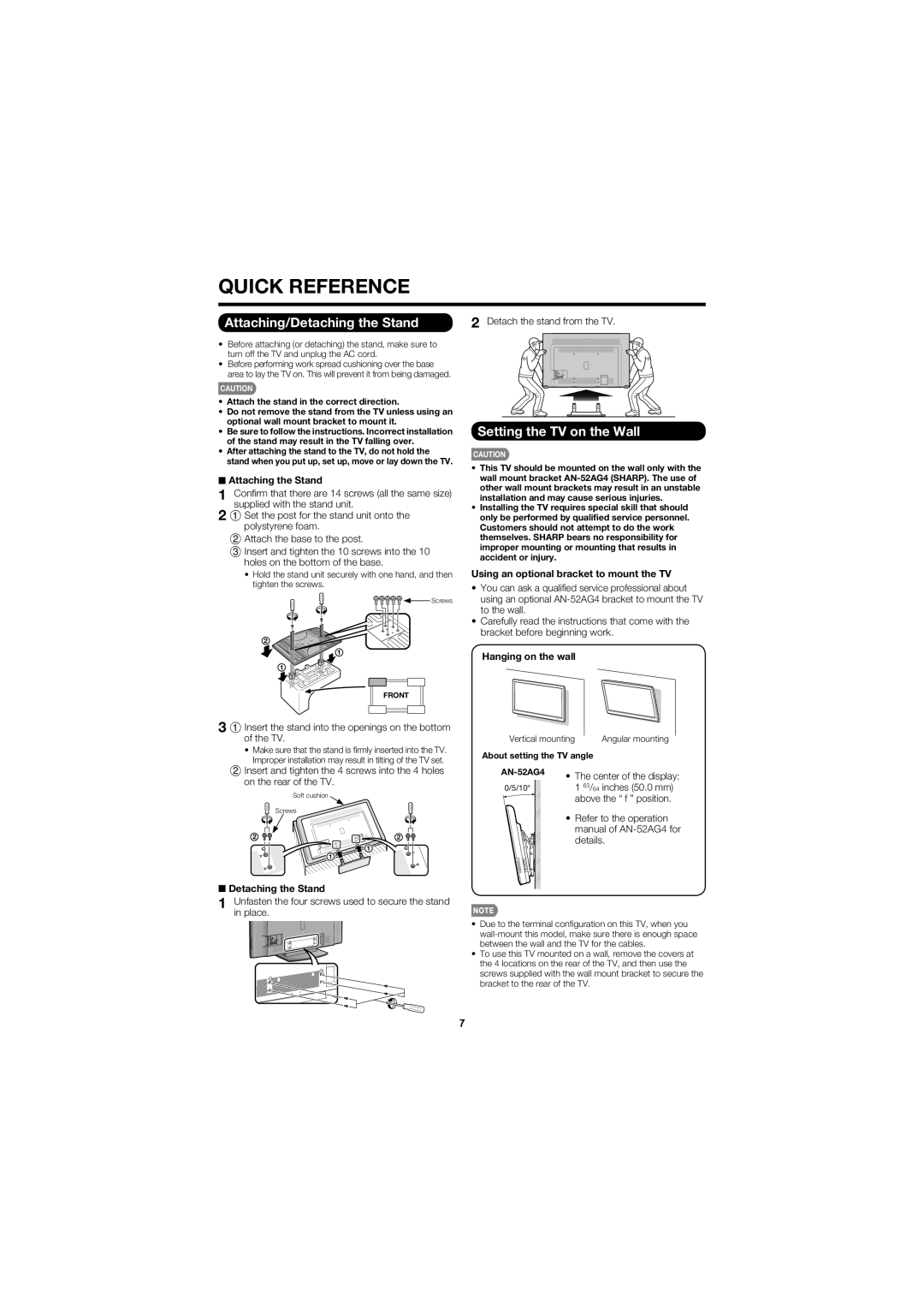 Sharp LC-60E79U Setting the TV on the Wall, Using an optional bracket to mount the TV, Hanging on the wall, 2Insert 