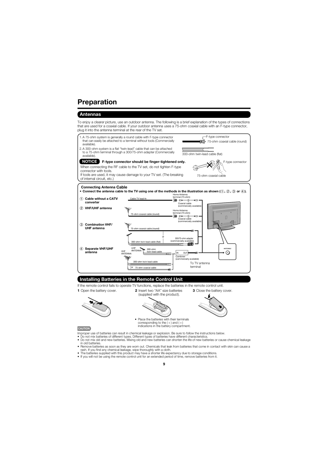 Sharp LC-60E79U Preparation, Antennas, Installing Batteries in the Remote Control Unit, Connecting Antenna Cable 