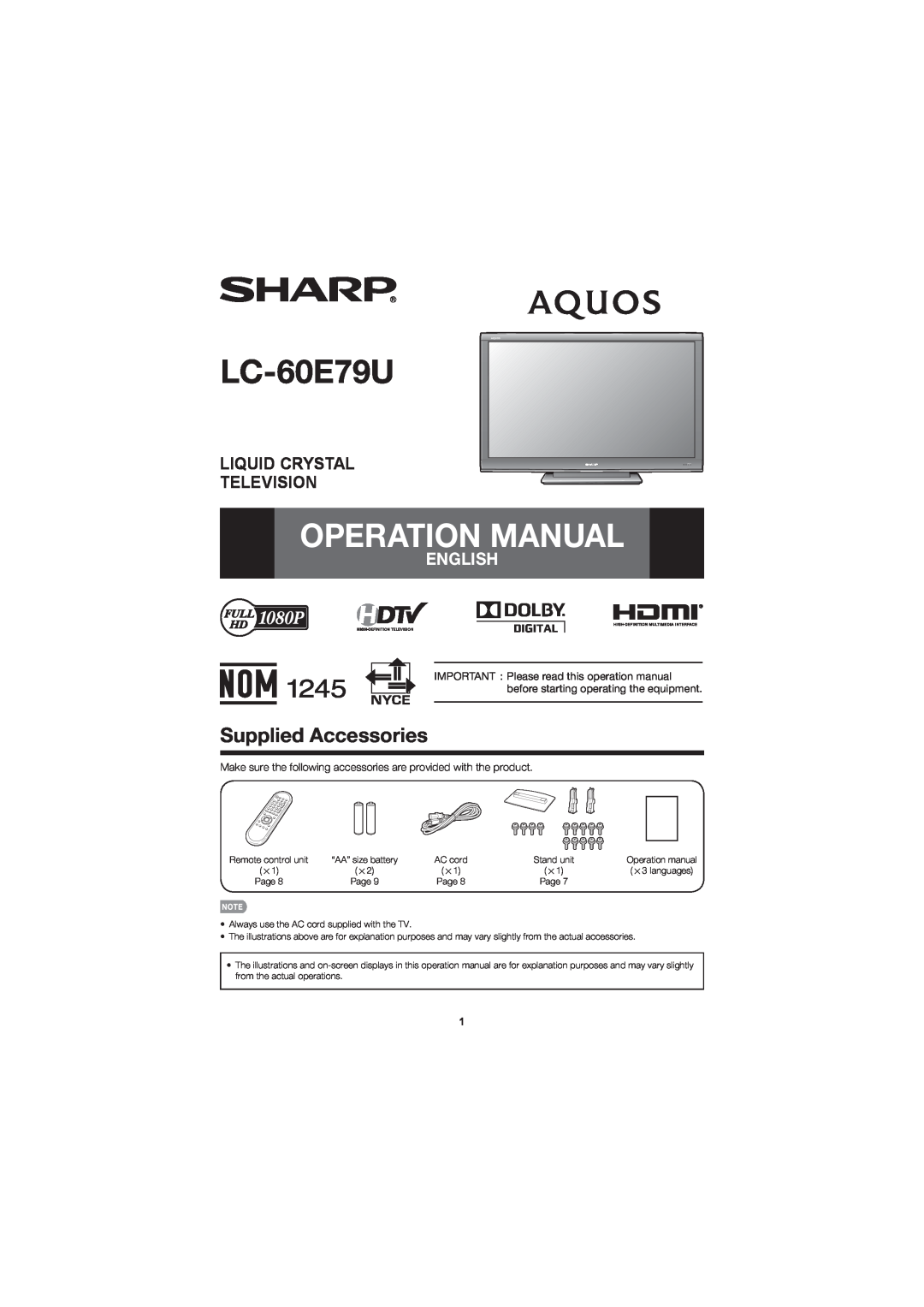 Sharp LC-60E79U operation manual Supplied Accessories, Make sure the following accessories are provided with the product 