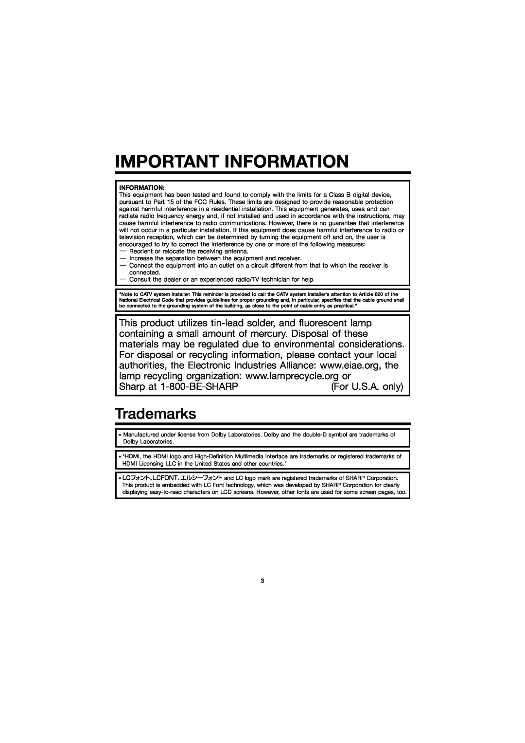 Sharp LC-60E79U operation manual Sharp at 1-800-BE-SHARP, For U.S.A. only, Important Information, Trademarks 