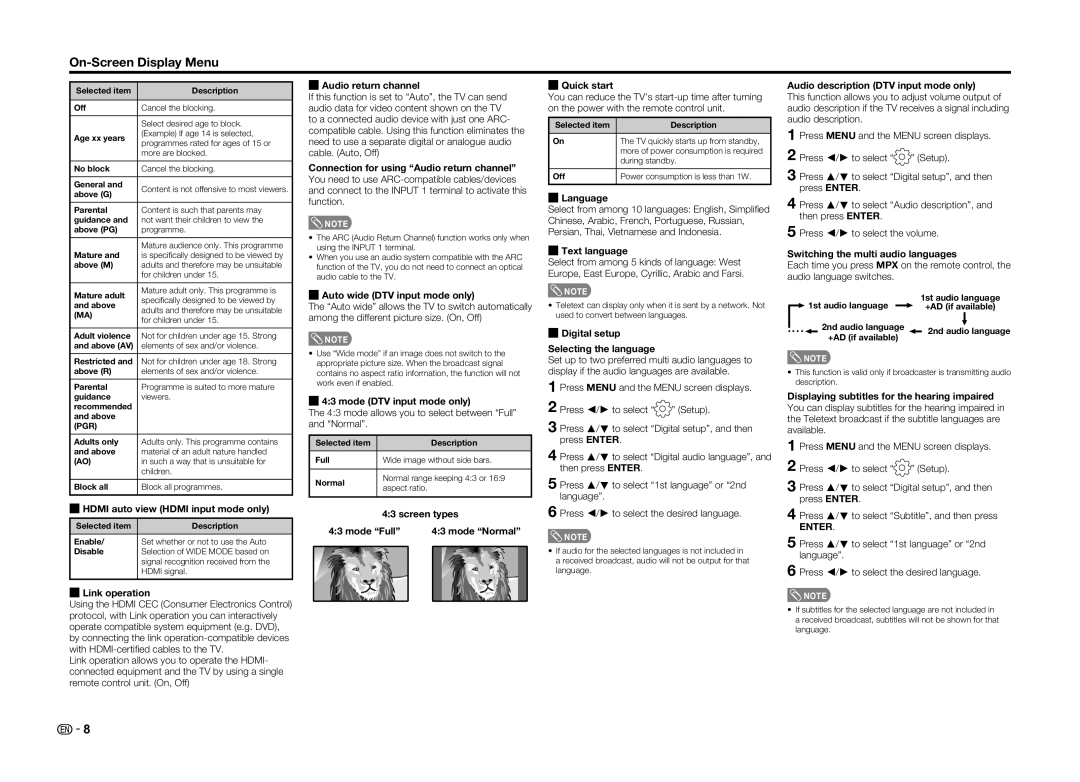 Sharp LC-60LE360X Hdmi auto view Hdmi input mode only, Link operation, Audio return channel, Auto wide DTV input mode only 