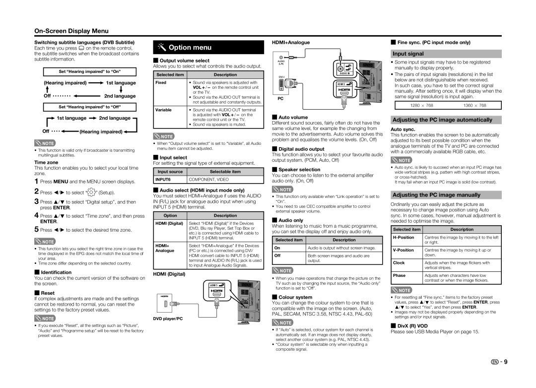 Sharp LC-60LE360X Option menu, Input signal, Adjusting the PC image automatically, Adjusting the PC image manually 