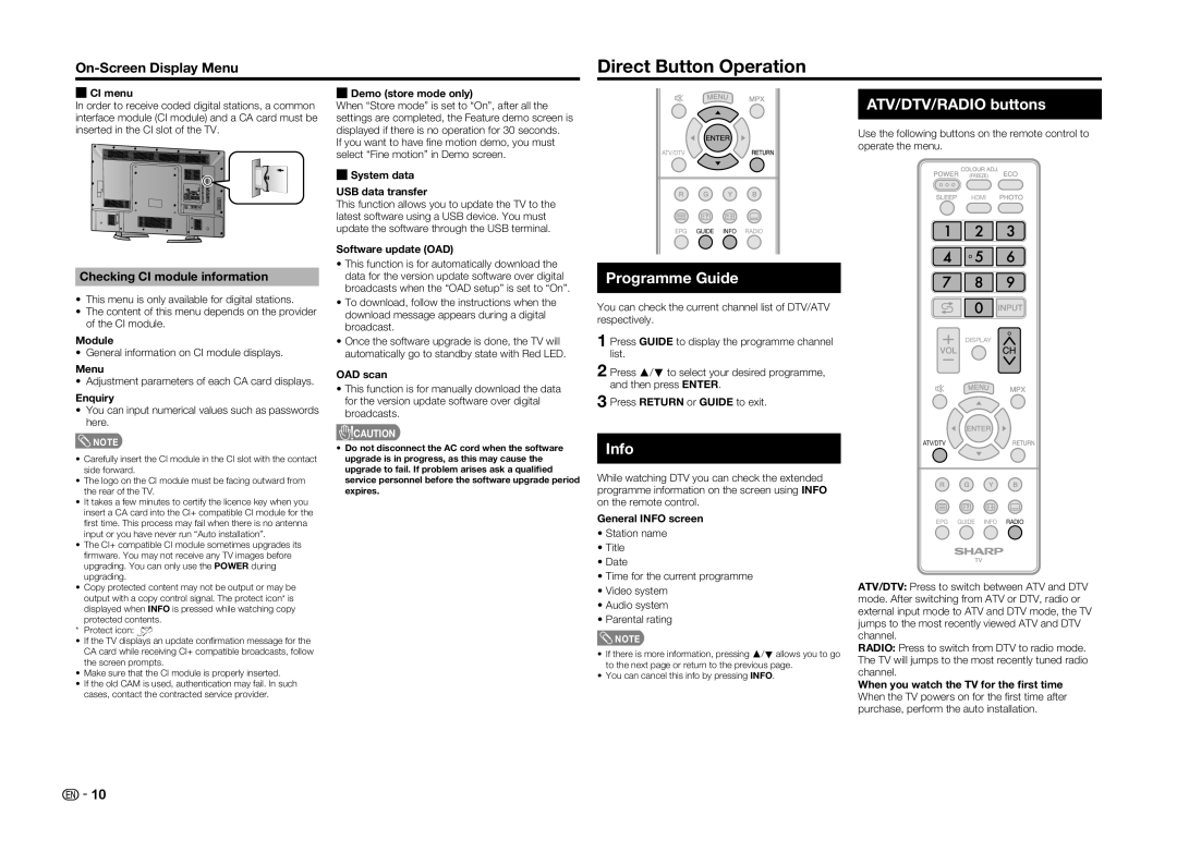 Sharp LC-60LE360X Direct Button Operation, ATV/DTV/RADIO buttons, Programme Guide, Info, Checking CI module information 