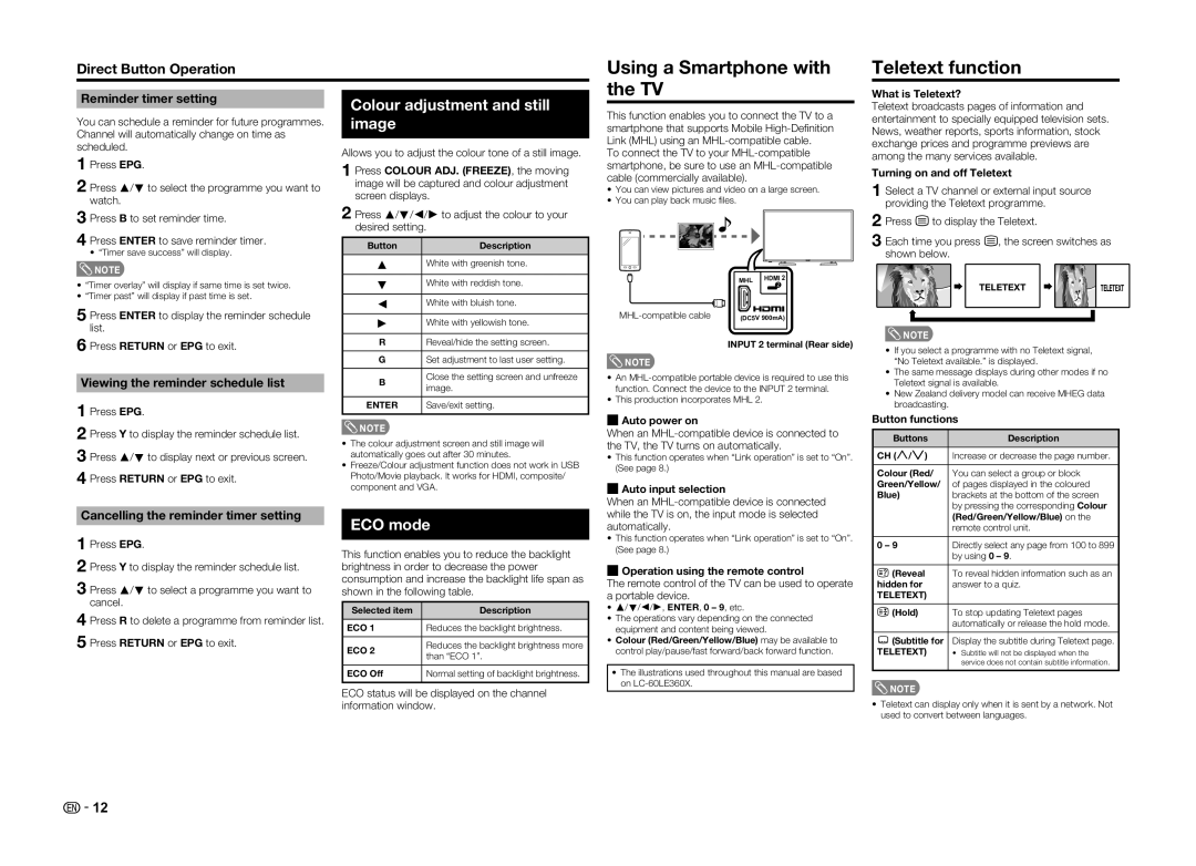 Sharp LC-60LE360X Using a Smartphone with the TV Teletext function, Colour adjustment and still image, ECO mode 