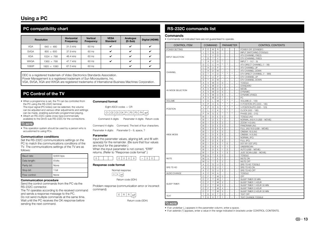 Sharp LC-60LE360X Using a PC, PC compatibility chart, RS-232C commands list, PC Control of the TV, Commands 