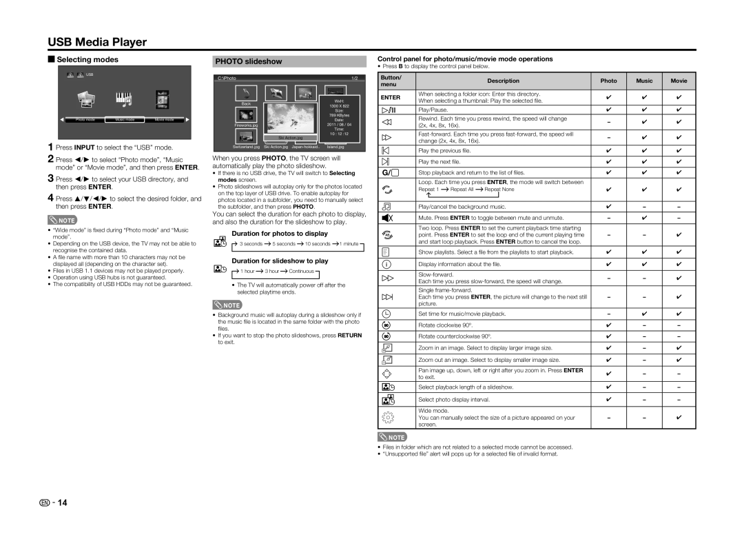 Sharp LC-60LE360X operation manual USB Media Player, Selecting modes, Photo slideshow 