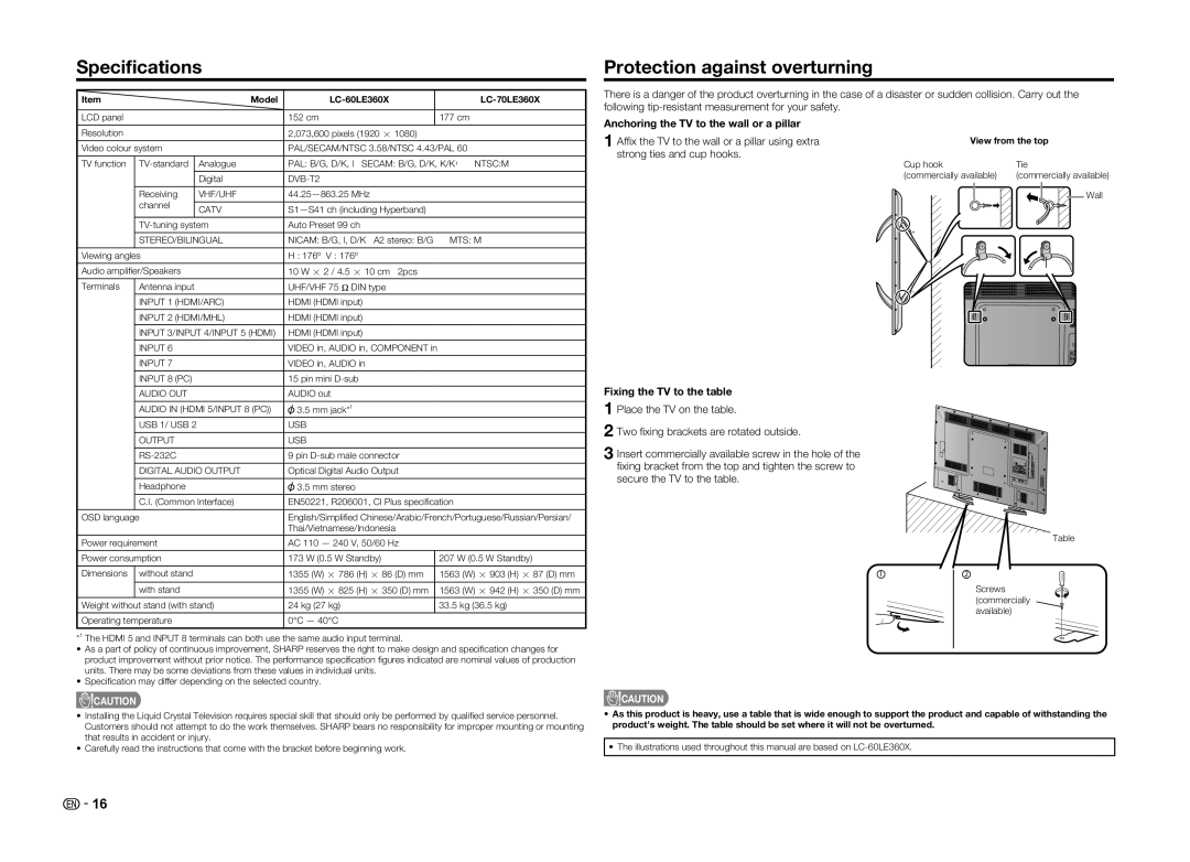 Sharp LC-60LE360X operation manual Speciﬁcations, Protection against overturning, Anchoring the TV to the wall or a pillar 