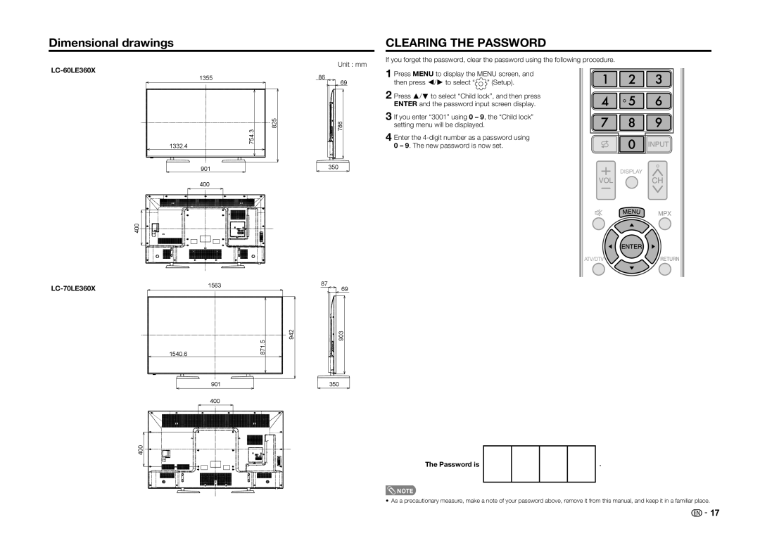 Sharp operation manual Dimensional drawings, LC-60LE360X LC-70LE360X, Unit mm, Password is 