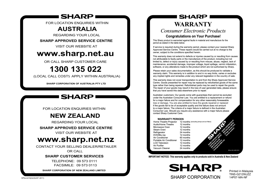 Sharp LC-60LE360X operation manual Australia, Sharp Corporation of NEW Zealand Limited 