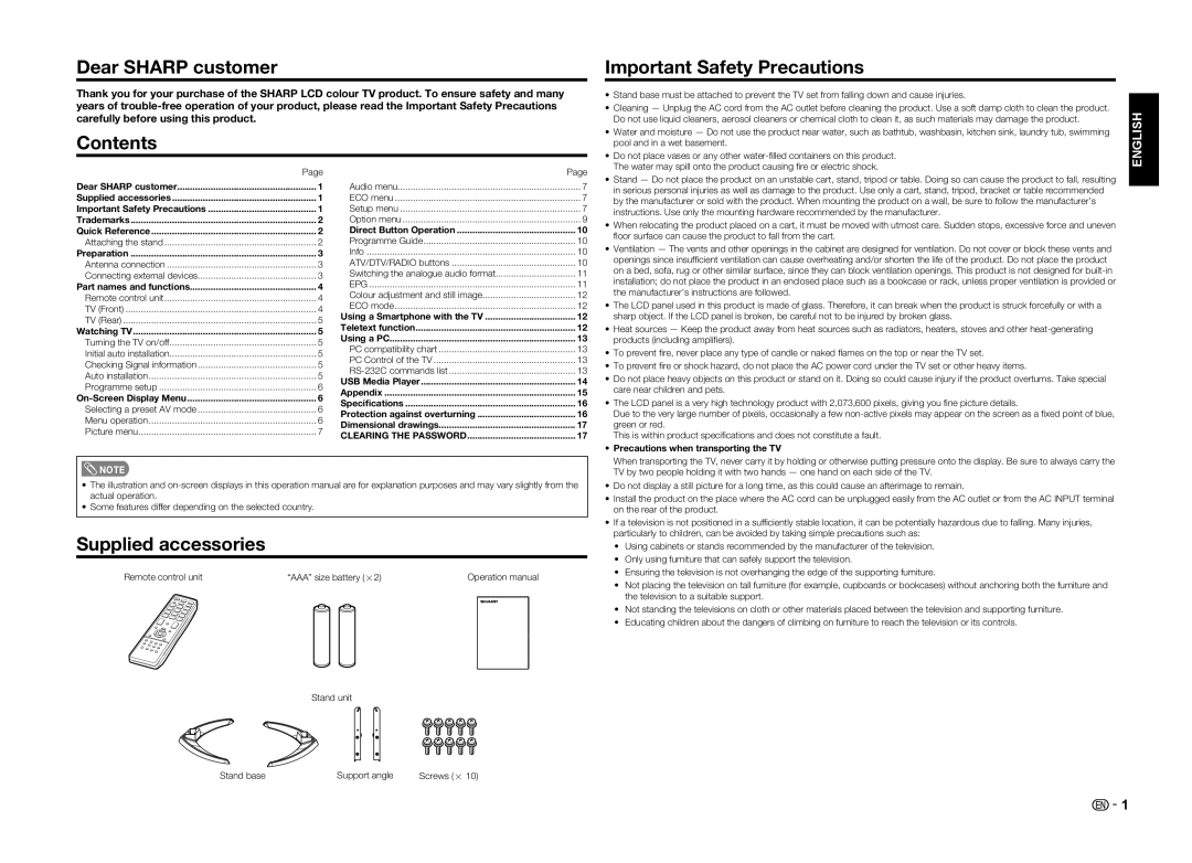 Sharp LC-60LE360X operation manual Dear Sharp customer, Contents Important Safety Precautions, Supplied accessories 