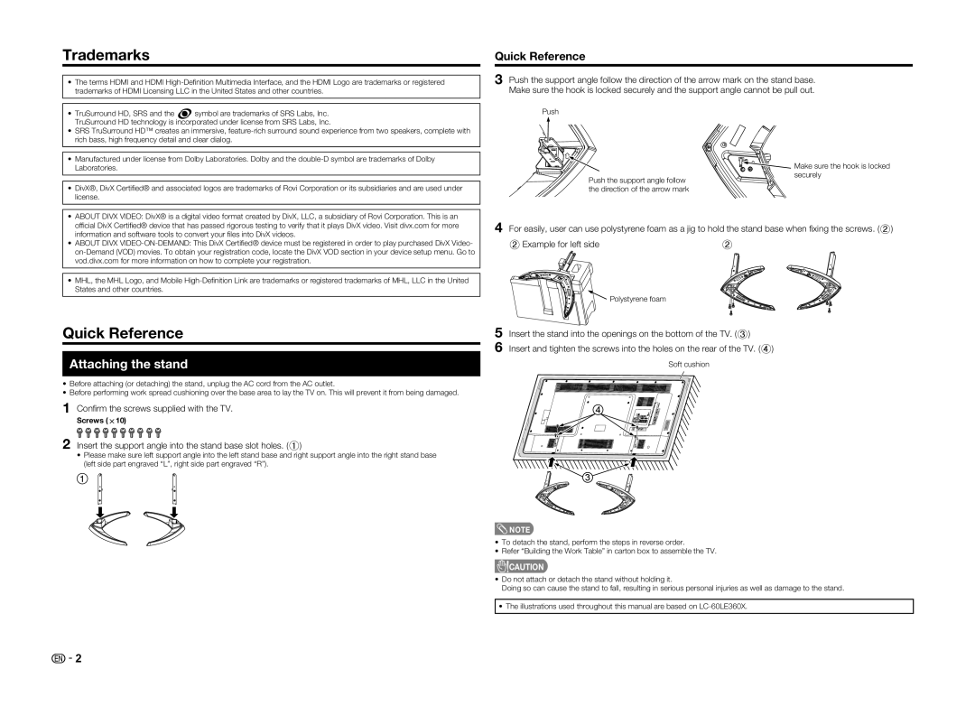 Sharp LC-60LE360X operation manual Trademarks, Quick Reference, Attaching the stand, Example for left side 