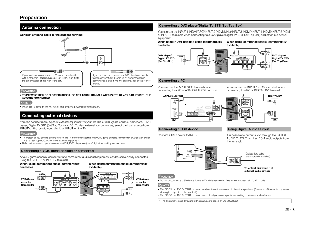 Sharp LC-60LE360X operation manual Preparation, Antenna connection, Connecting external devices 