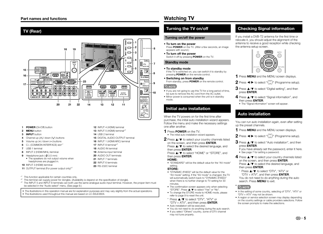 Sharp LC-60LE360X Watching TV, TV Rear Turning the TV on/off Checking Signal information, Initial auto installation 