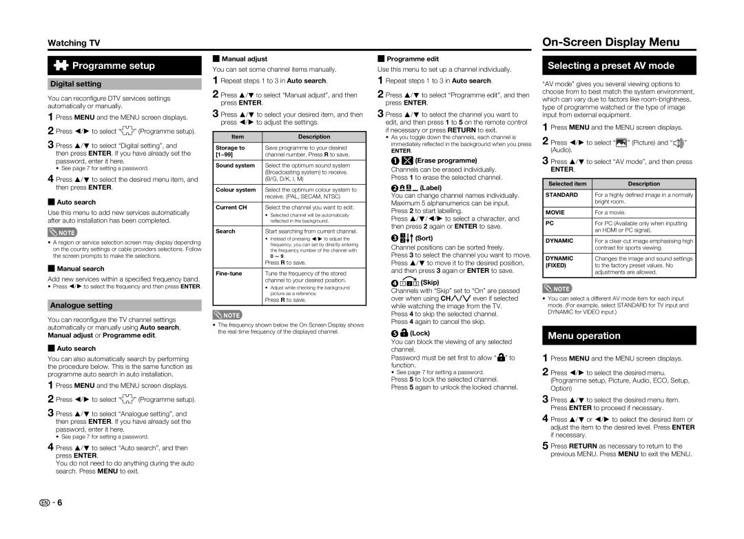 Sharp LC-60LE360X operation manual On-Screen Display Menu, Programme setup, Selecting a preset AV mode, Menu operation 