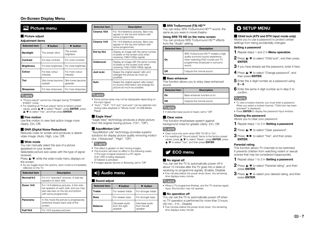 Sharp LC-60LE360X operation manual Picture menu, Audio menu, ECO menu 