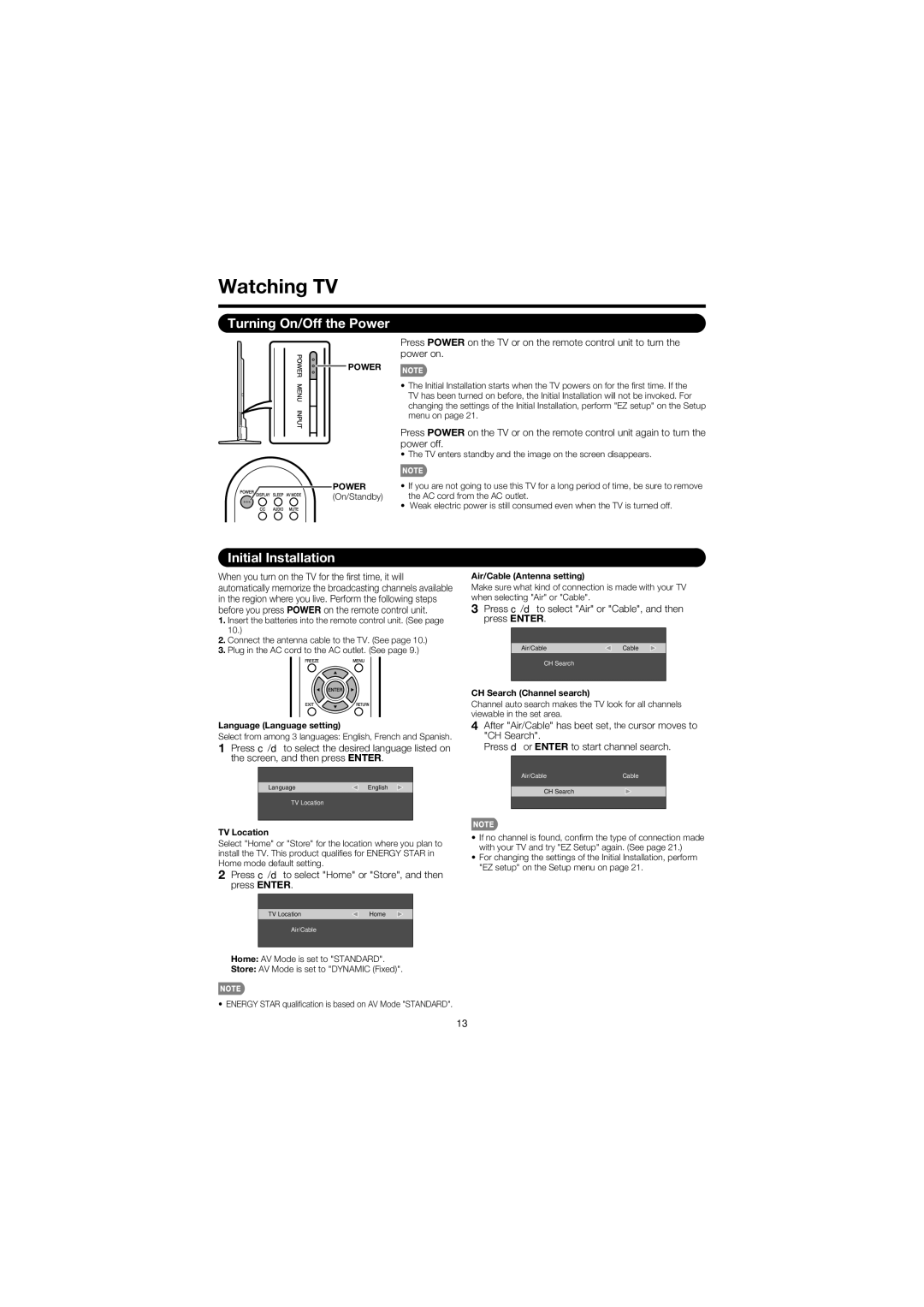 Sharp LC-60LE630U operation manual Watching TV, Turning On/Off the Power, Initial Installation 