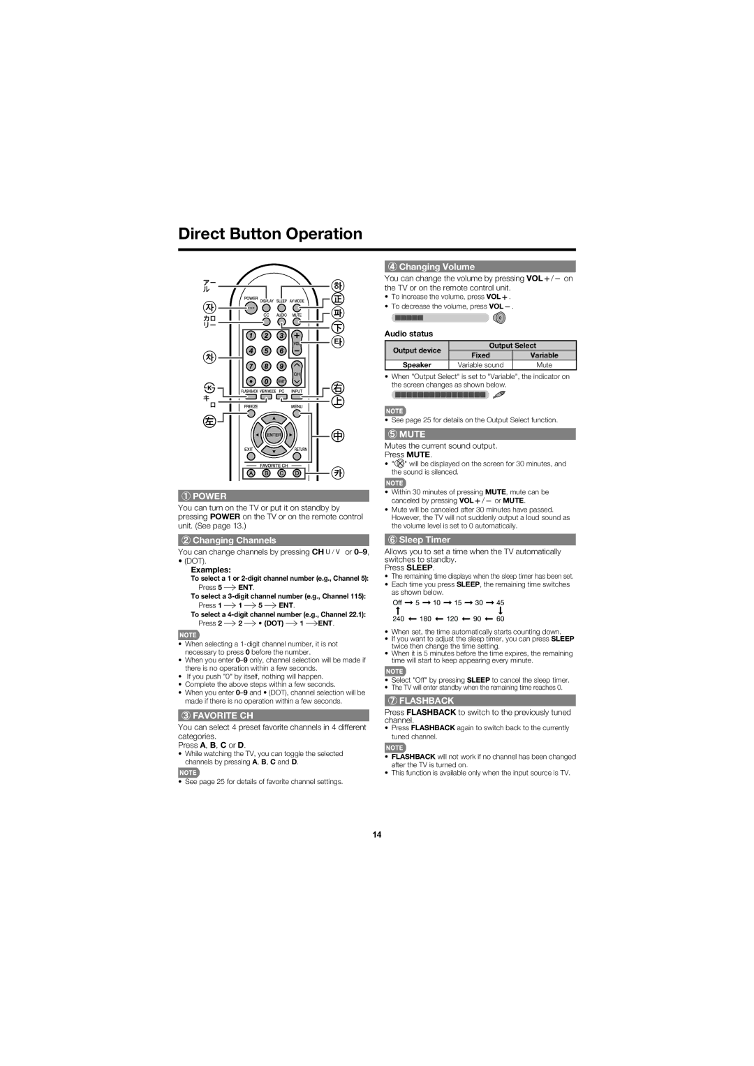 Sharp LC-60LE630U operation manual Direct Button Operation, Changing Channels, Changing Volume, Sleep Timer 