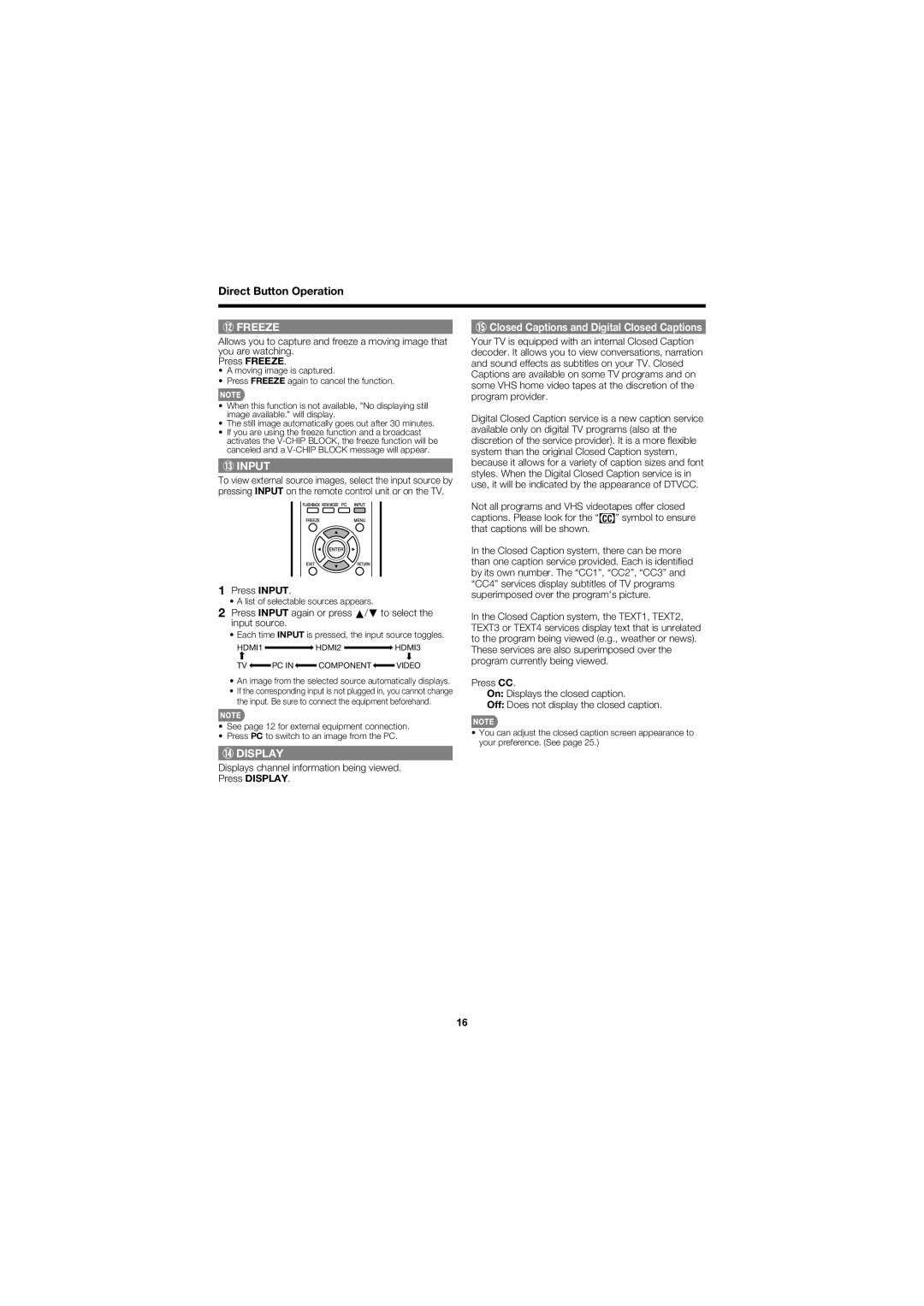 Sharp LC-60LE630U operation manual Press Input, Closed Captions and Digital Closed Captions 