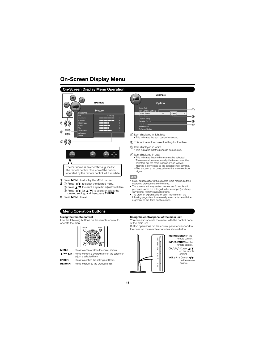 Sharp LC-60LE630U operation manual On-Screen Display Menu Operation, Menu Operation Buttons, Using the remote control 