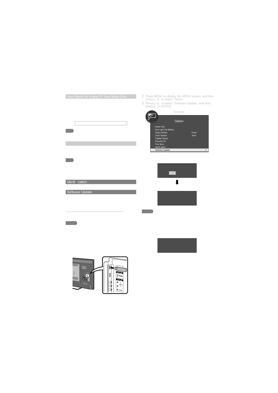 Sharp LC-60LE630U operation manual Auto Sync. for Analog PC Input Mode Only, Identiﬁcation, Software Update 