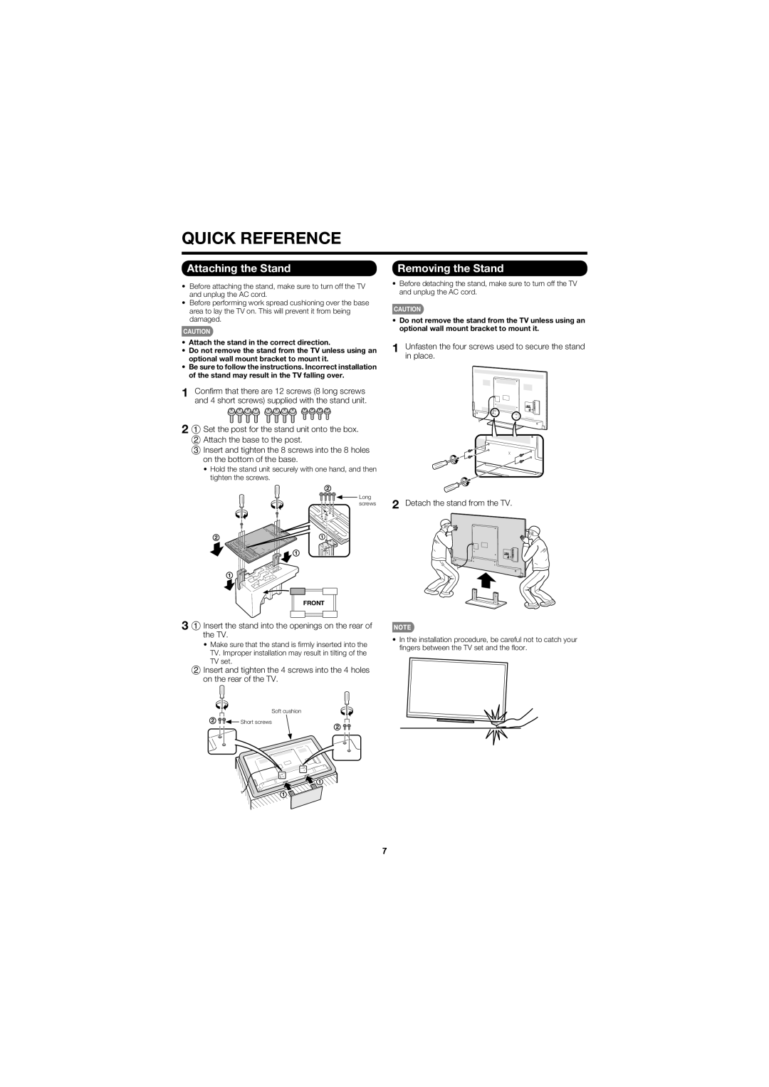 Sharp LC-60LE630U operation manual Attaching the Stand, Removing the Stand 