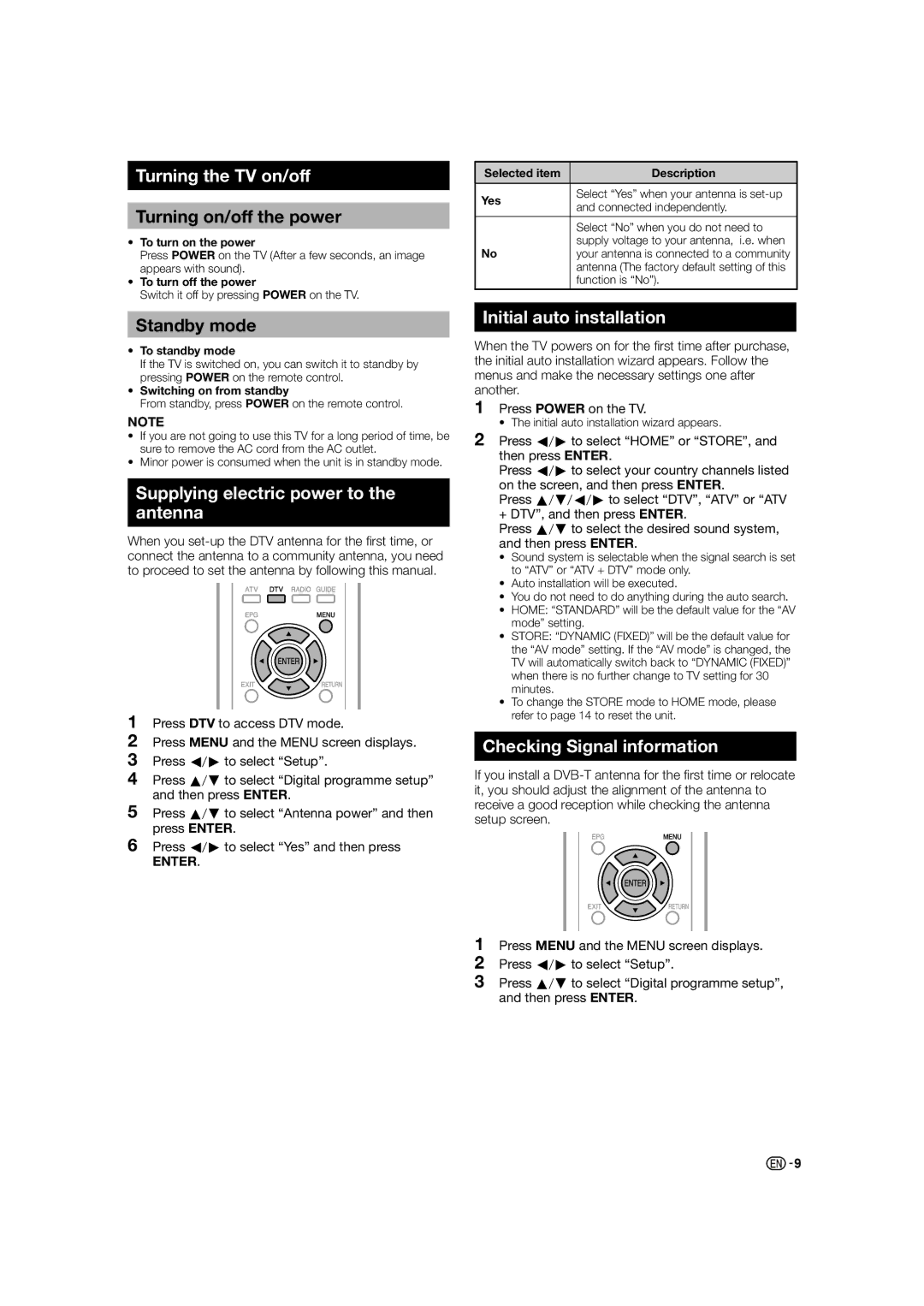 Sharp LC-40LE530X, LC-60LE630X Turning the TV on/off, Supplying electric power to the antenna, Initial auto installation 