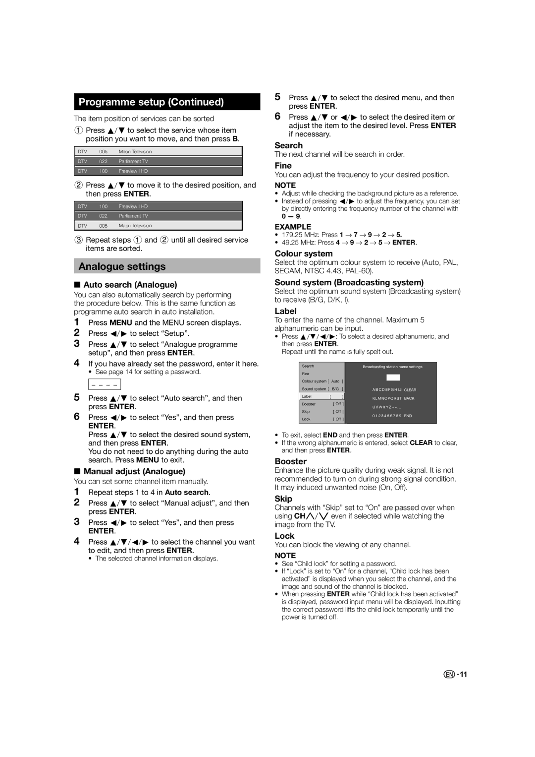 Sharp LC-46LE530X, LC-60LE630X, LC-40LE530X operation manual Analogue settings 