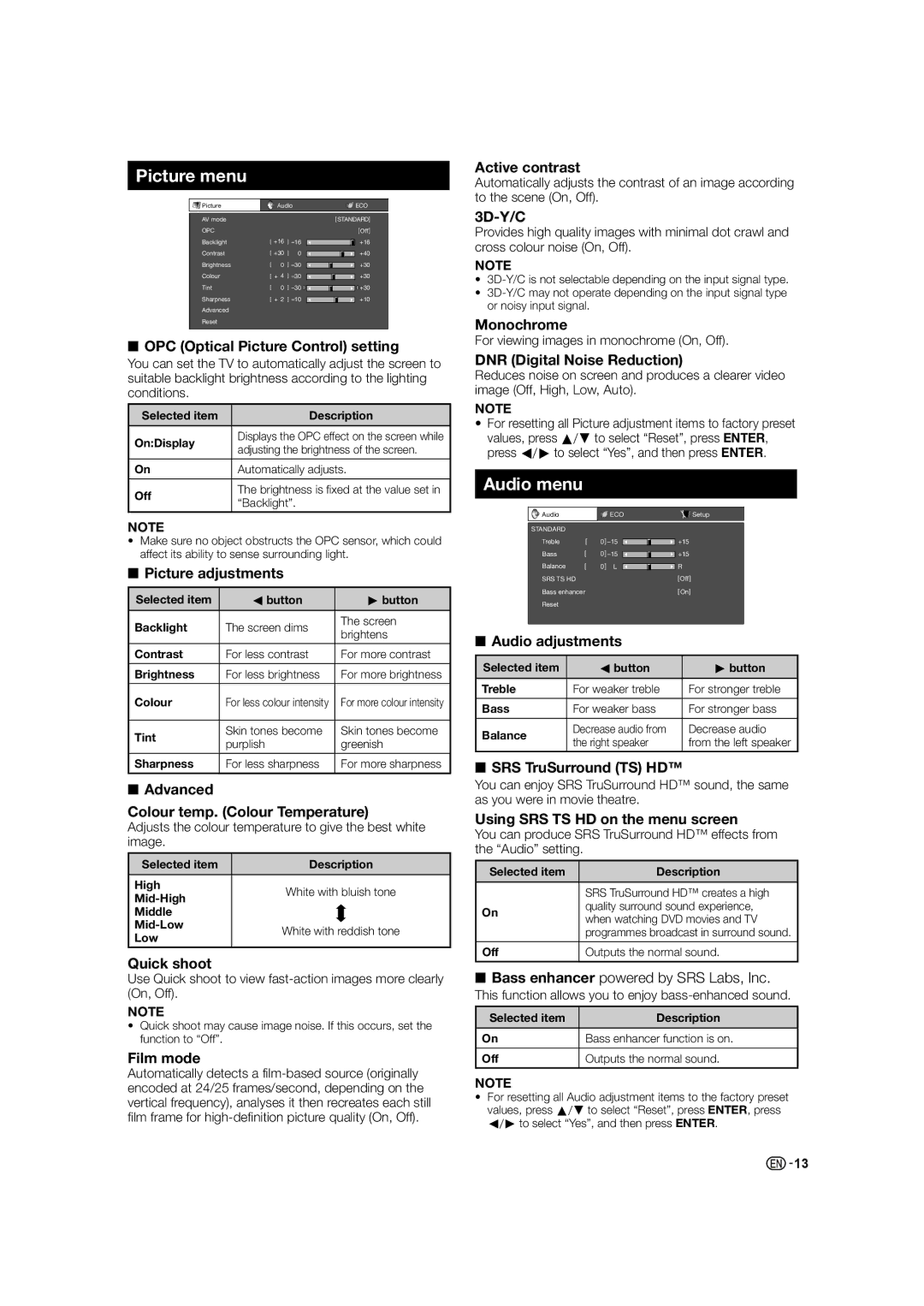 Sharp LC-60LE630X, LC-46LE530X, LC-40LE530X operation manual Picture menu, Audio menu 