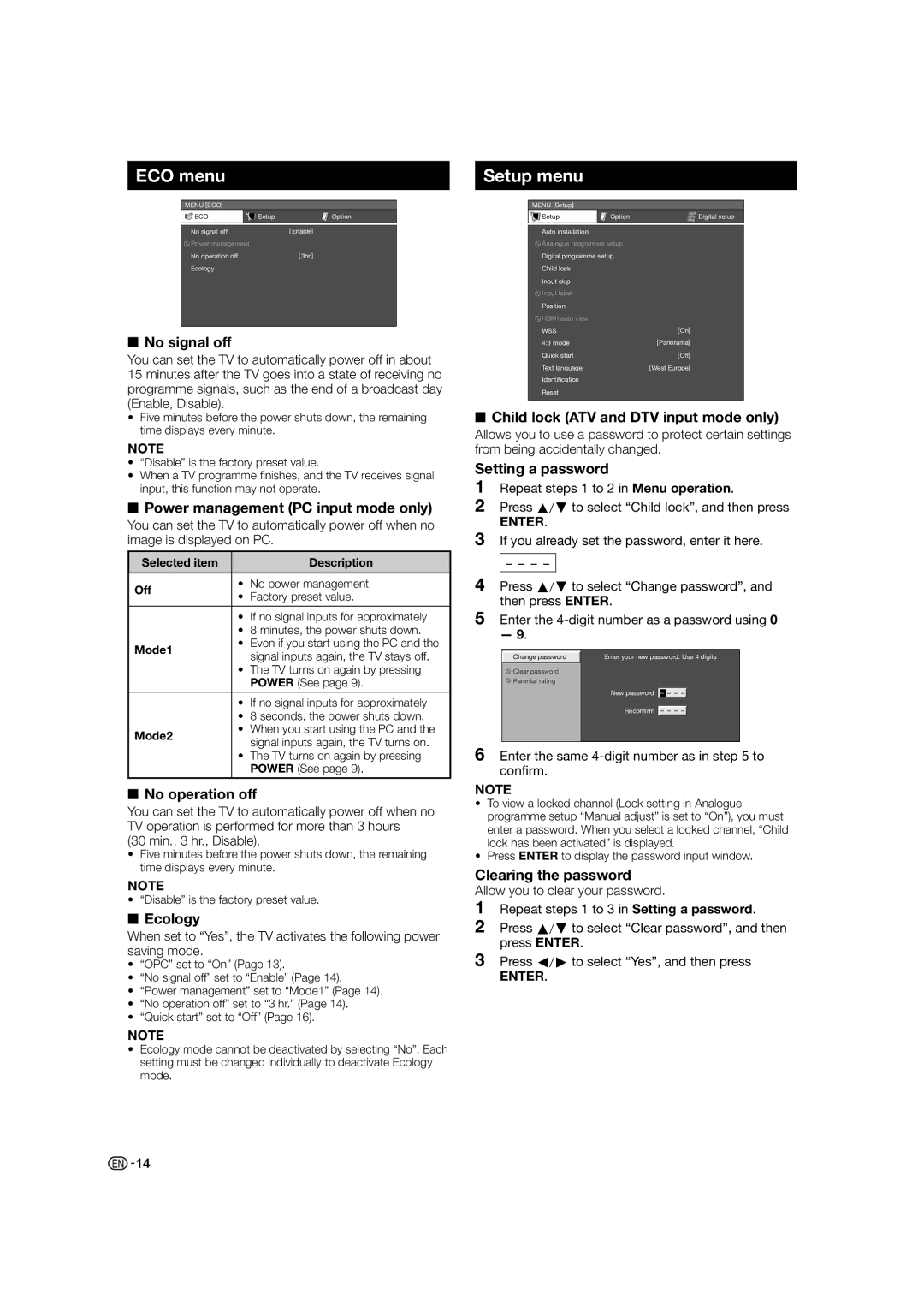 Sharp LC-46LE530X, LC-60LE630X, LC-40LE530X operation manual ECO menu, Setup menu 