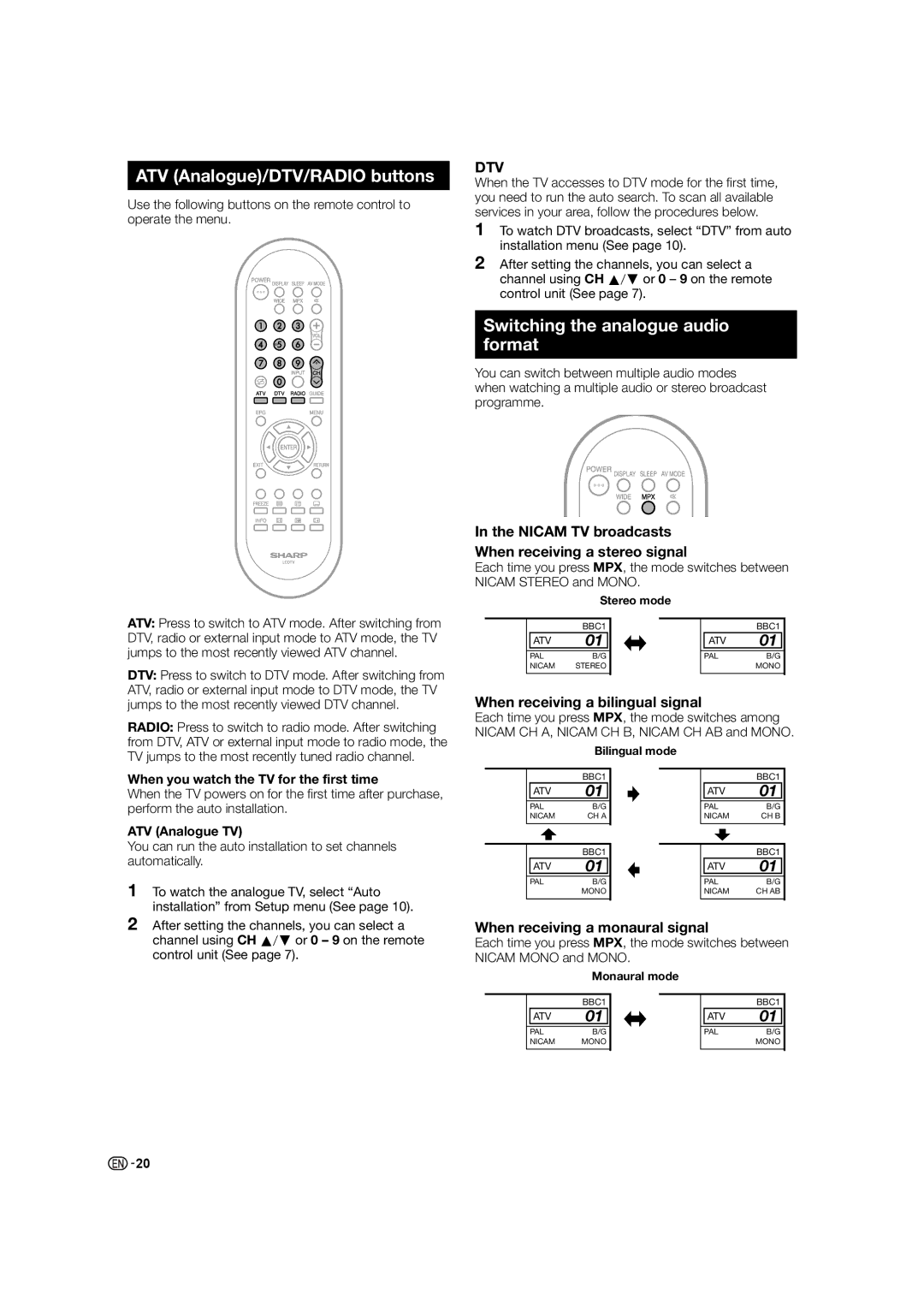 Sharp LC-46LE530X ATV Analogue/DTV/RADIO buttons, Switching the analogue audio format, When receiving a bilingual signal 