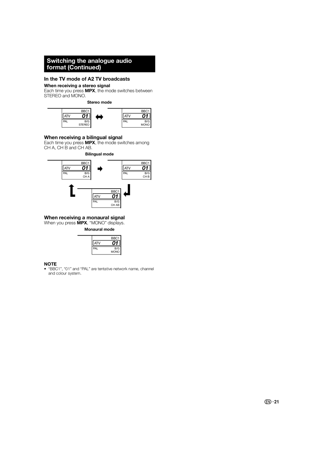 Sharp LC-40LE530X, LC-60LE630X, LC-46LE530X operation manual TV mode of A2 TV broadcasts, When you press MPX, Mono displays 