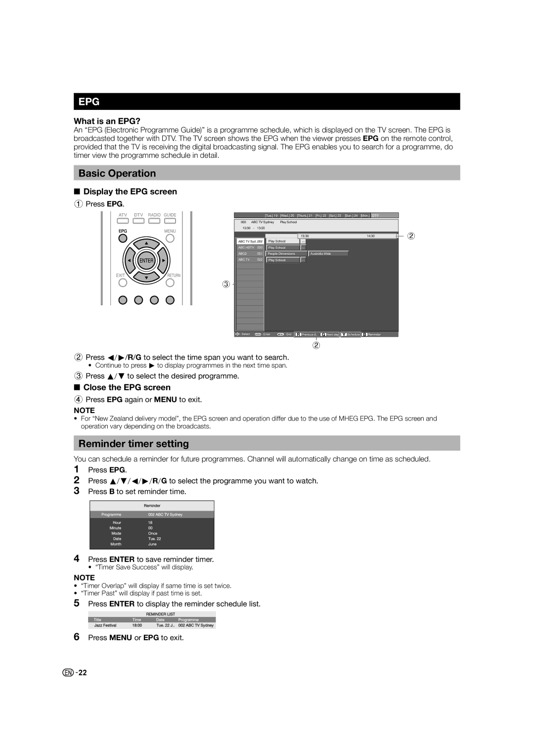 Sharp LC-60LE630X Basic Operation, Reminder timer setting, What is an EPG?, Display the EPG screen, Close the EPG screen 