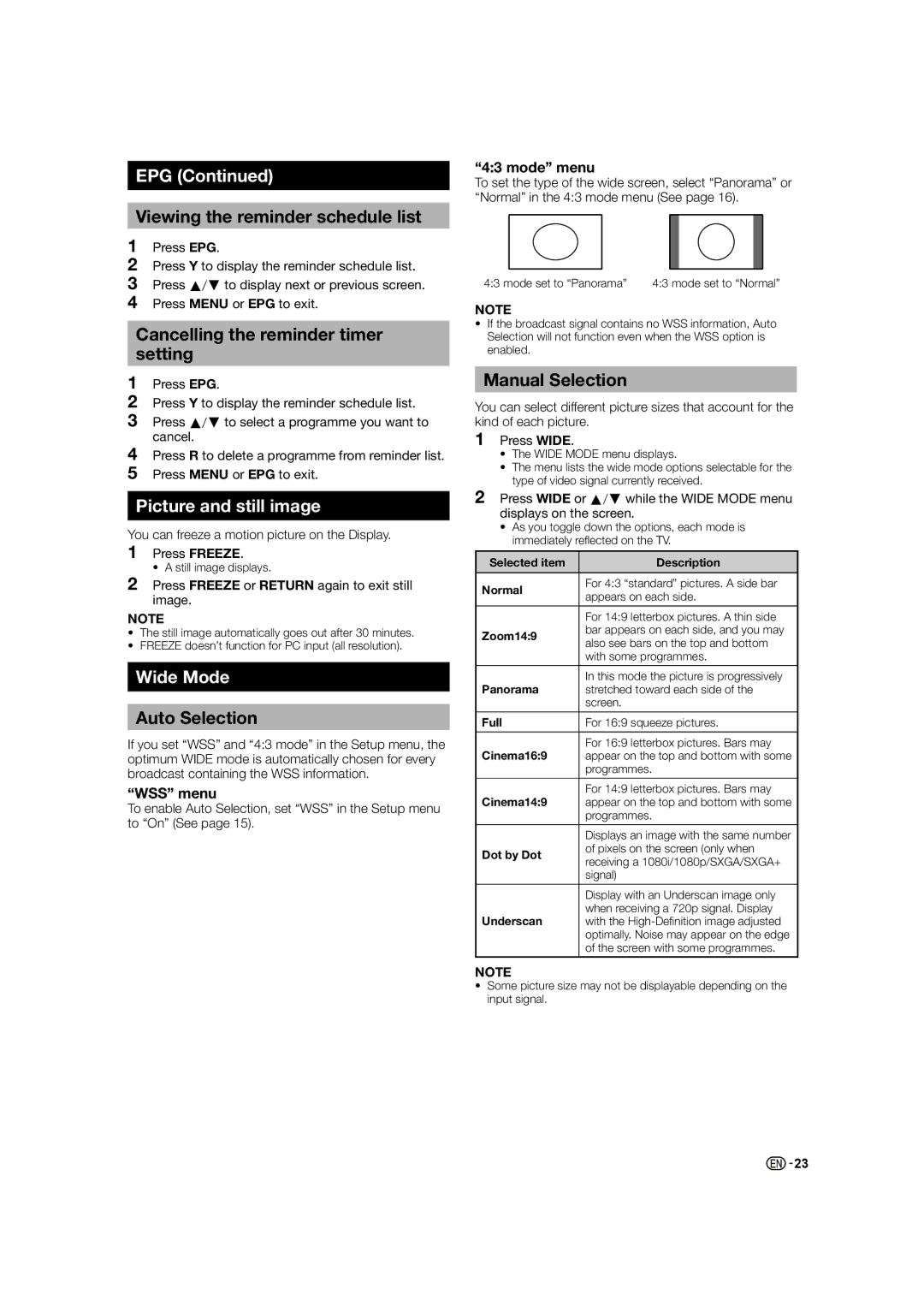 Sharp LC-46LE530X, LC-60LE630X, LC-40LE530X operation manual Epg, Picture and still image, Wide Mode 