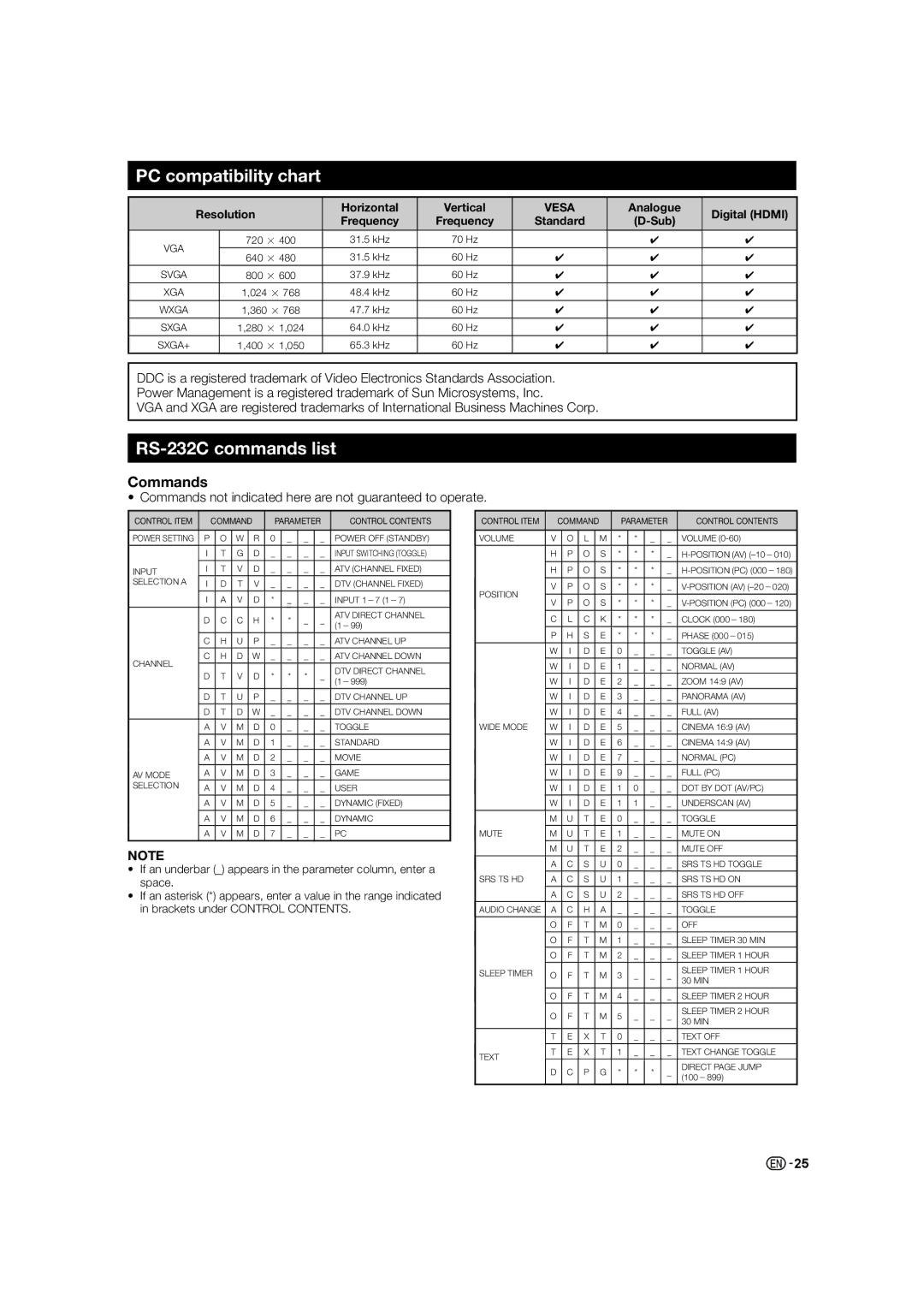 Sharp LC-60LE630X, LC-46LE530X, LC-40LE530X operation manual PC compatibility chart, RS-232C commands list, Commands 