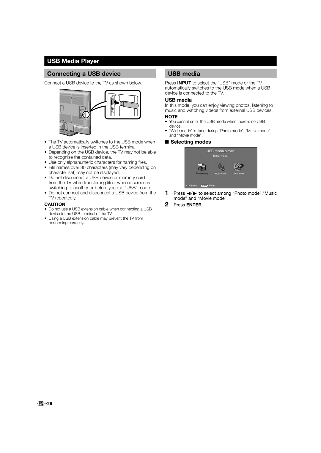 Sharp LC-46LE530X, LC-60LE630X, LC-40LE530X USB Media Player, Connecting a USB device, USB media, Selecting modes 