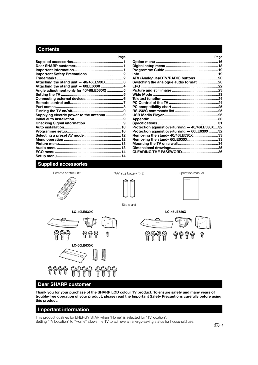 Sharp LC-60LE630X, LC-46LE530X, LC-40LE530X Contents, Supplied accessories, Dear Sharp customer, Important information 