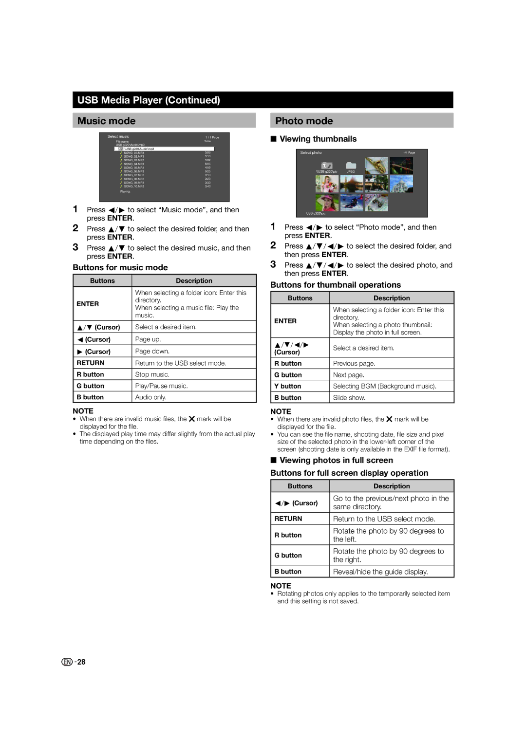 Sharp LC-60LE630X, LC-46LE530X USB Media Player Music mode, Photo mode, Buttons for music mode, Viewing thumbnails 