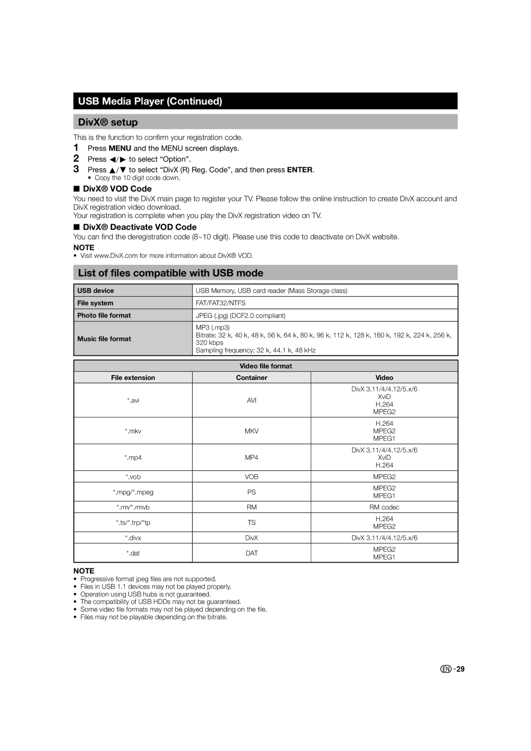 Sharp LC-46LE530X, LC-60LE630X DivX setup, List of files compatible with USB mode, DivX VOD Code, DivX Deactivate VOD Code 