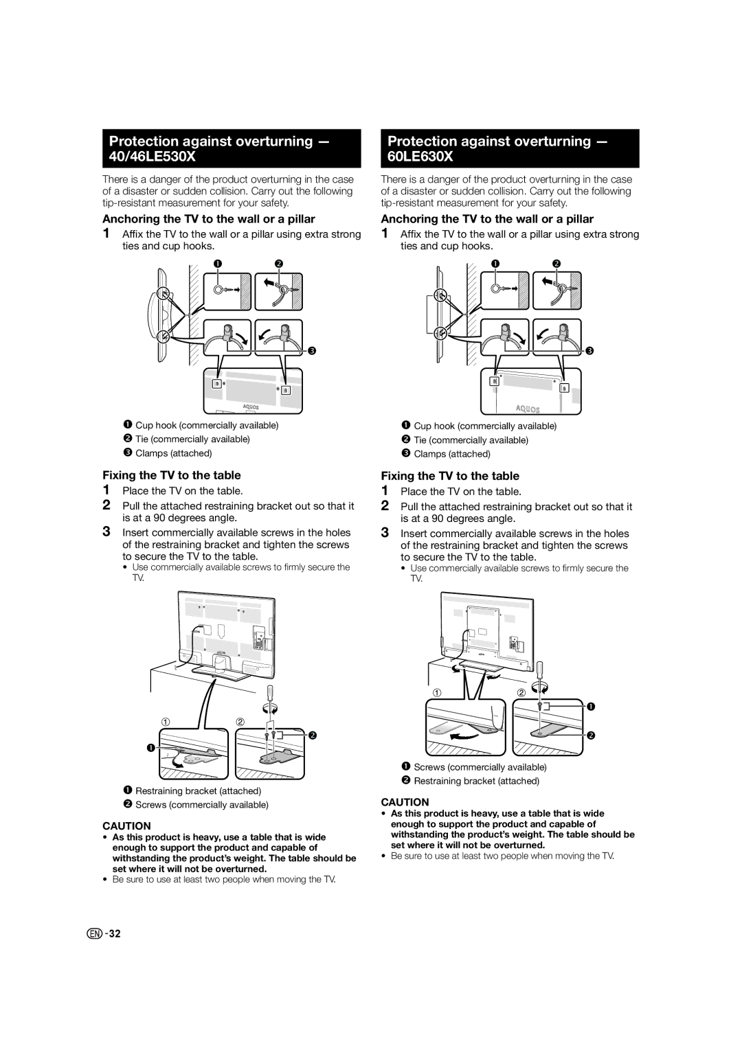 Sharp LC-46LE530X, LC-60LE630X Protection against overturning 40/46LE530X, Protection against overturning 60LE630X 