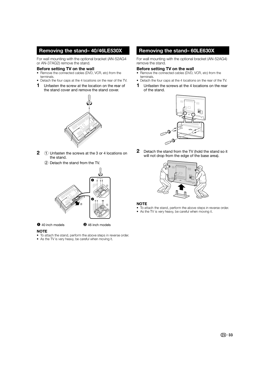 Sharp LC-40LE530X Removing the stand- 40/46LE530X, Removing the stand- 60LE630X, Before setting TV on the wall 