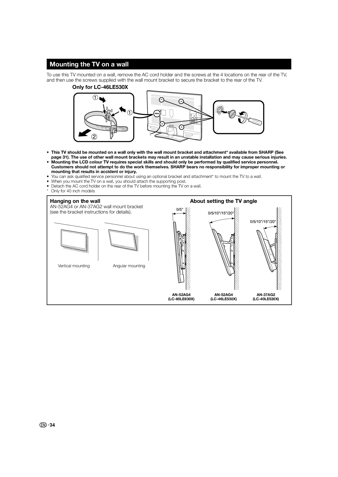 Sharp LC-60LE630X, LC-40LE530X operation manual Mounting the TV on a wall, Only for LC-46LE530X, Hanging on the wall 