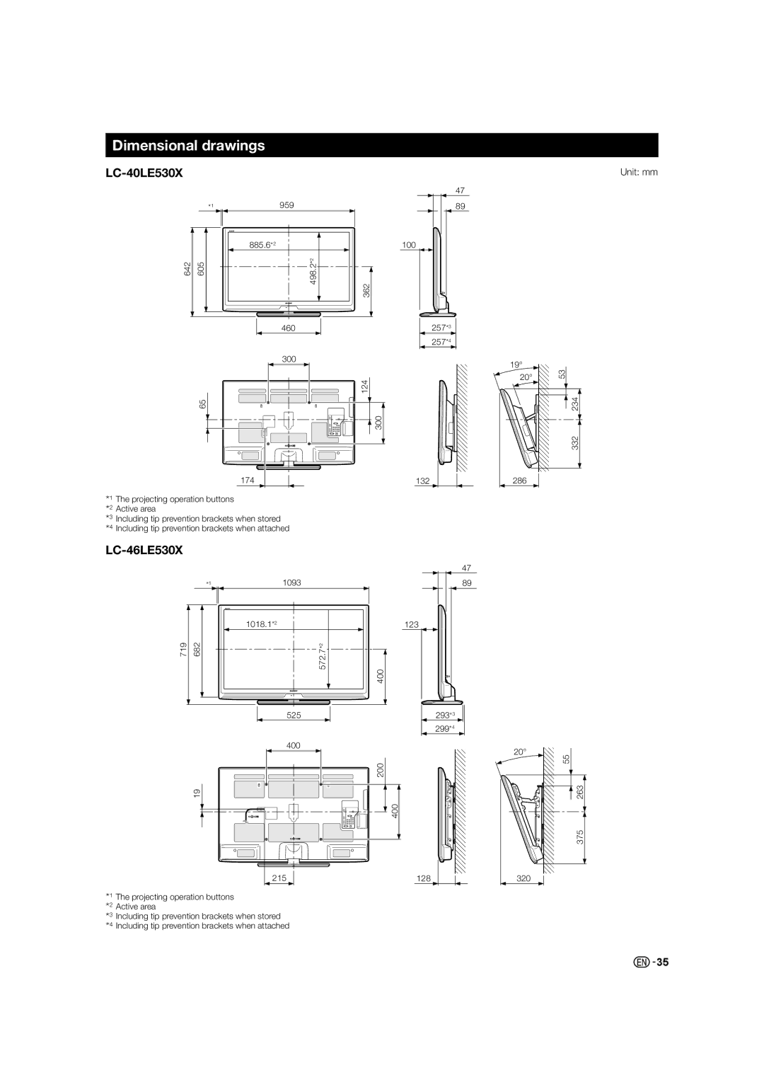 Sharp LC-46LE530X, LC-60LE630X operation manual Dimensional drawings, LC-40LE530X 