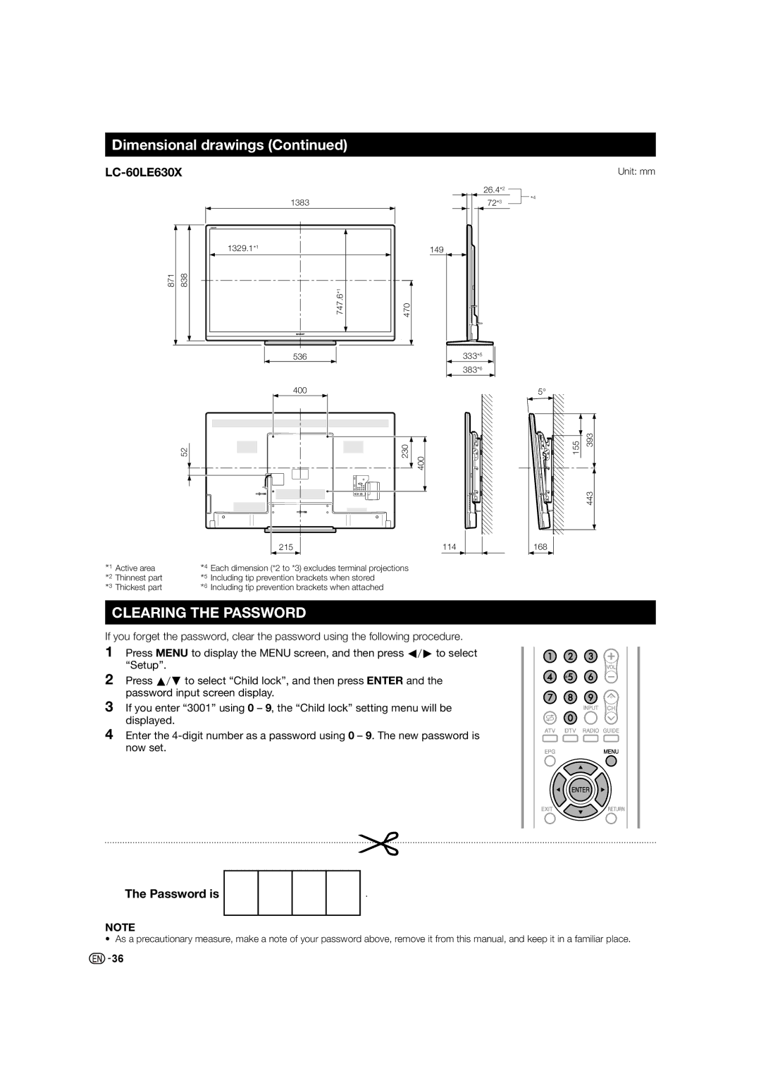 Sharp LC-40LE530X, LC-46LE530X operation manual LC-60LE630X, Password is 