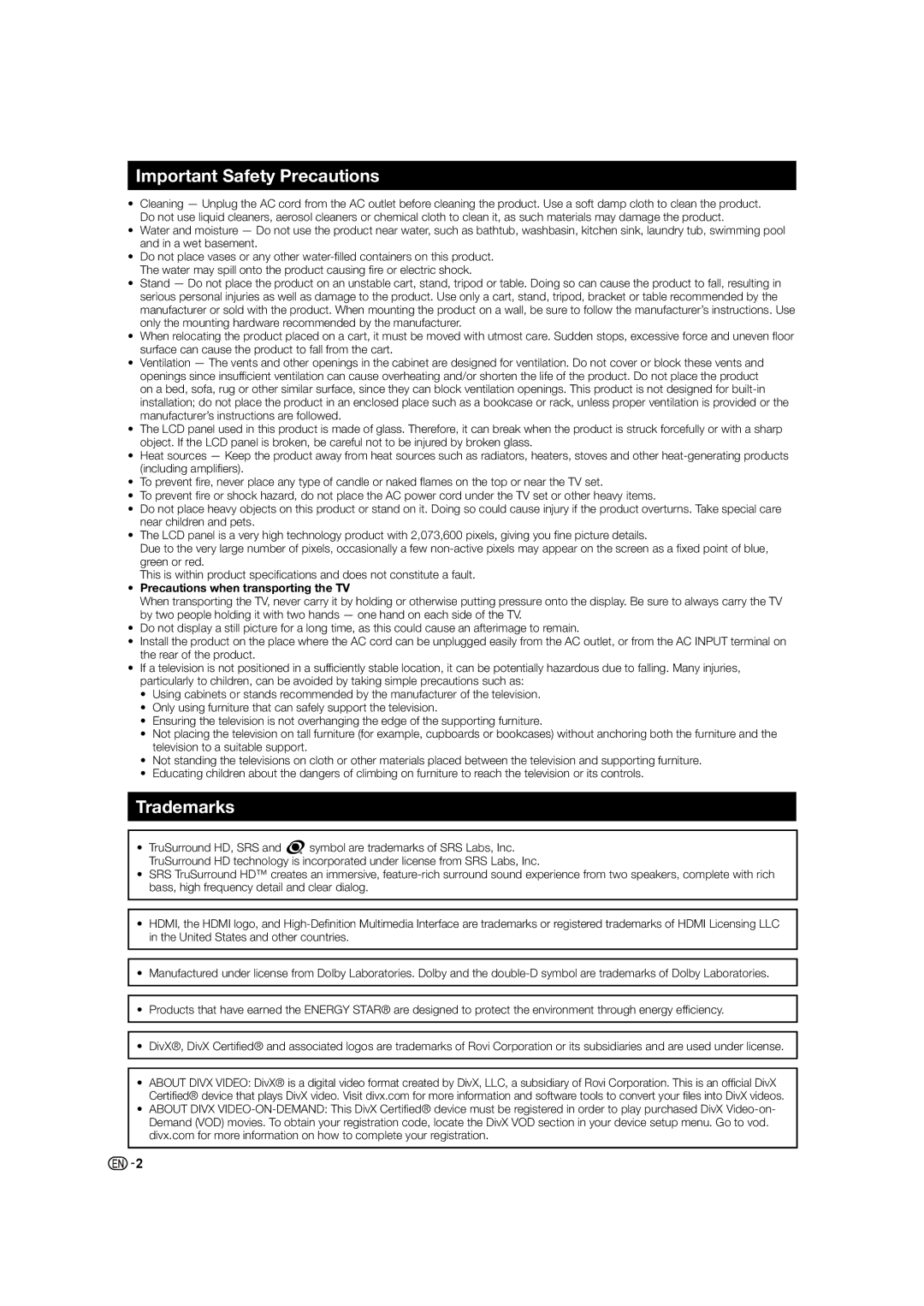 Sharp LC-46LE530X, LC-60LE630X, LC-40LE530X Important Safety Precautions, Trademarks, Precautions when transporting the TV 